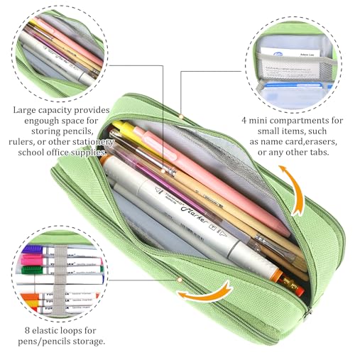 Image of Large Pencil Case Big Capacity Zippered Pencil Pouch with 3 Compartments Portable Desk Organizer Pen Holder Multi-functional Cosmetic Makeup Pouch for Home School Office Supplies Light Green