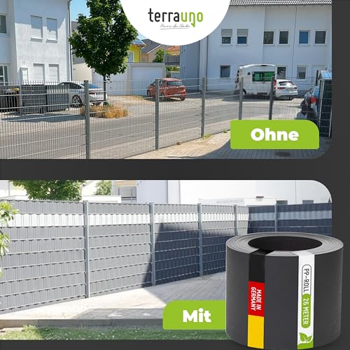 TerraUno Nachhaltige Sichtschutzstreifen für Doppelstabmatten, Polypropylen, Made in Germany, RAL 7016 Anthrazit, 26m x19cm Rolle, extra stabil, Lederoptik, Zaun Sichtschutz mit UV-Beständigkeit