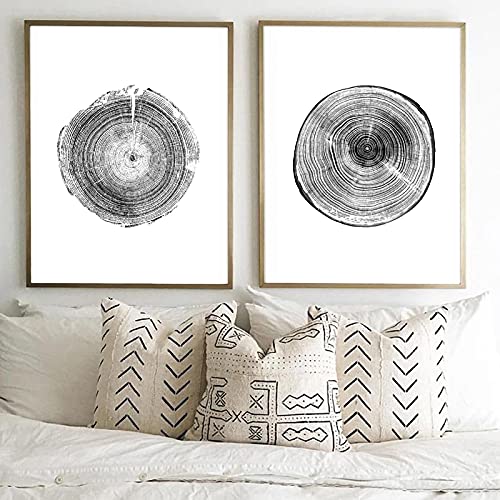 Anneau d'arbre en bois toile art mural noir et blanc deco rustique moderne