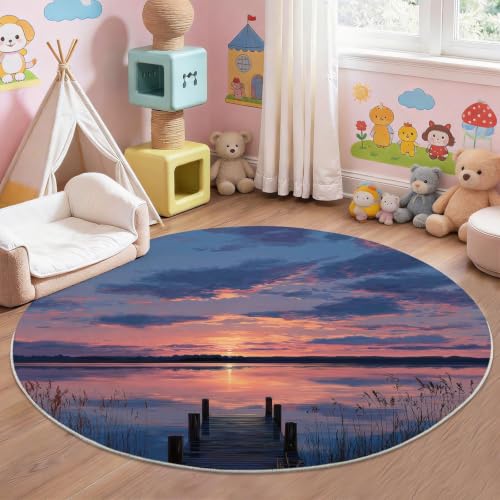 Tapis rond 80 cm bleu paysage rustique moderne lavable - 4