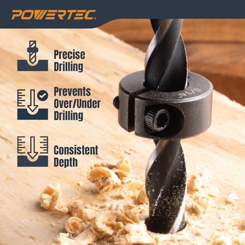 Image of POWERTEC Drill Bit Stop Collar Set, 7 Piece Set Adjustable Drill Bit Depth Stopper with Allen Wrench, Bit Stop with Imperial System Size Markings - 1 /8 inch, 3 /16 inch, 1 /4 inch, 5 /16 inch, 3 /8 inch, 7 /16 inch, 1 /2 inch (71491E)