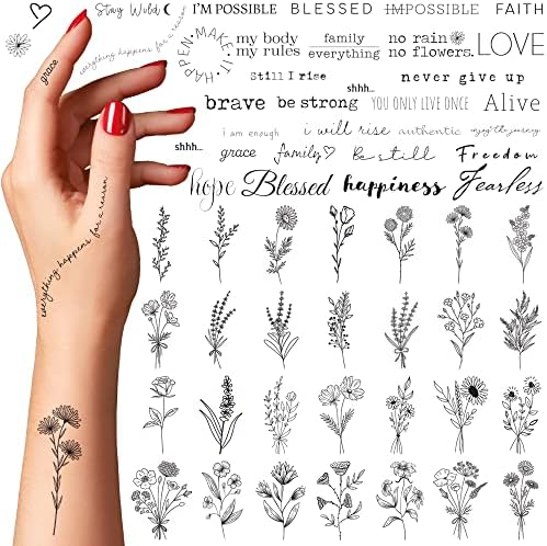 Temporary Tattoos For Women -110 Temporary Tattoo Stickers Of Flowers & Phrases- Fake Tattoos Temporary Realistic & Aesthetic - Tatoos For Women & Tatoos For Adults - Tatuajes Temporales Women