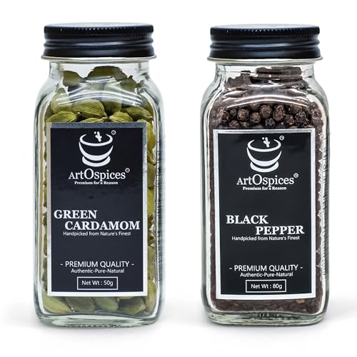 Image of ArtOspices Green Cardamom 8MM (Elaichi) 50g & Black Pepper (Kali Mirch) 80g Set | Pure Whole Spices | Handpicked Aromatic & Fresh | Ideal for Cooking, Gifting | Glass Jar Packed