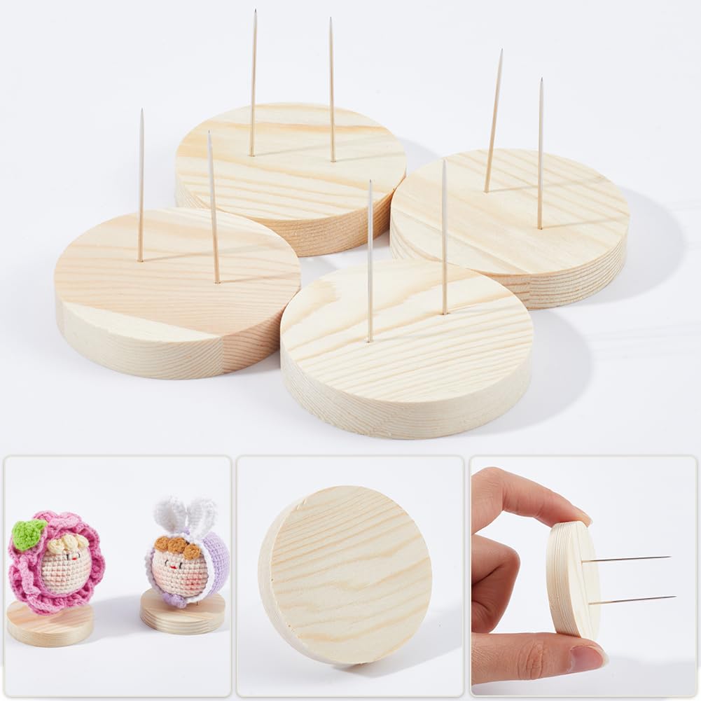 GORGECRAFT 5 cm Doppio Ago Acciaio Supporto Bambole All'Uncinetto Base Piatta Rotonda Legno Espositore