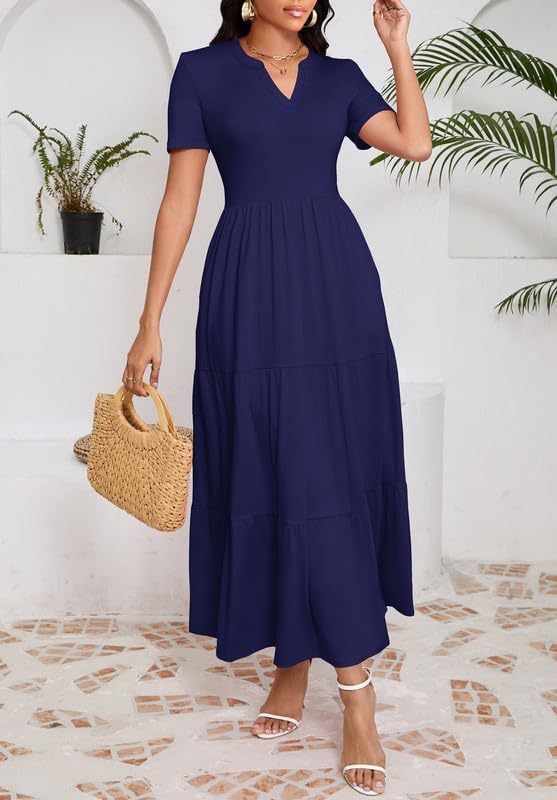Image of MarryUP Women 2025 Casual Loose Maxi Dress with Pockets V Neck Short Sleeve Tiered Long Summer Beach Swing Dresses