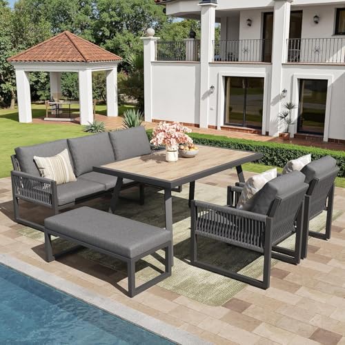 Kuczn Juego de salón de jardín de 6 a 7 plazas, sofá de jardín moderno con mesa de comedor, gran comodidad gracias a su acolchado grueso, resistente a la intemperie y estable, diseño de cuerda
