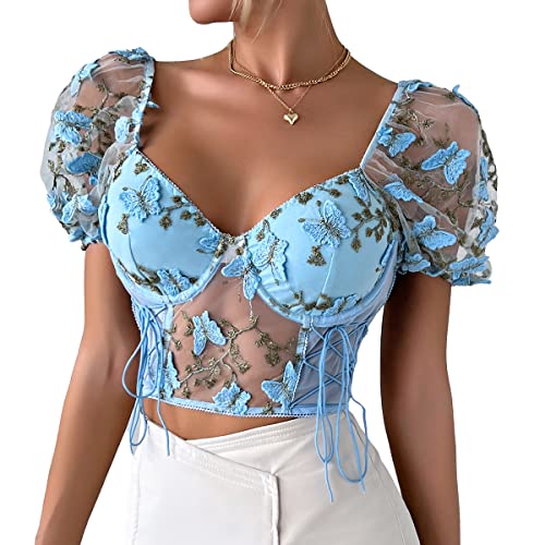 Swbreety Women's Puffy Sleeve Tops Butterfly Embroidery Bustier