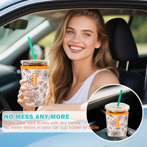Image of Reusable Iced Coffee Cup Sleeve for Cold Beverages and Neoprene Cold Coffee Cup Sleeves Cooler for Koozie 16-32OZ Iced&Hot Coffee Cup for McDonalds, Dunkin Donuts, More (Diasy)