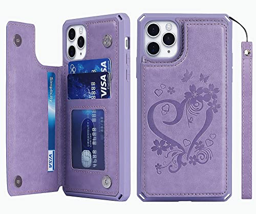 iCoverCase Compatible with iPhone 11 Pro Max Wallet Phone Case with Card Holder for Women RFID Blocking Embossed PU Leather Wrist Strap Case for 11pro Max 6.5 Inch (Heart Purple)