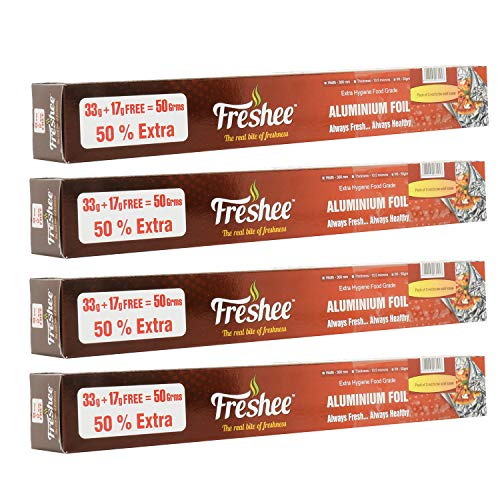 Image of Freshee 50gm Aluminium Silver Kitchen Foil Roll Paper Pack of 4|11 Micron Thick|Food wrap|Disposable Food Parcel|Fresh Food|Food Grade