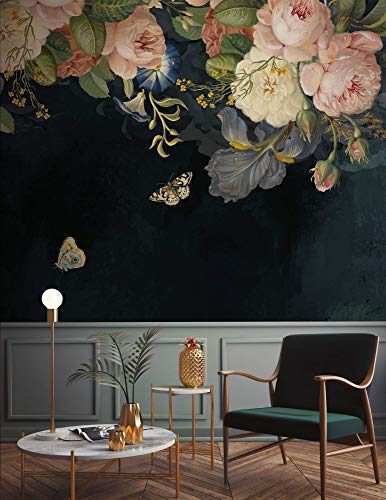 Murwall Oil Painting Dark Floral Wallpaper Pink Peony Flower Wall Mural Vintage Blossom Wall Print #TOP2