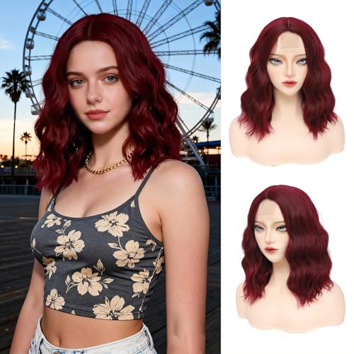 GUOJIAN Wine Red Bob Wig 14 Inch Short Wavy Curly