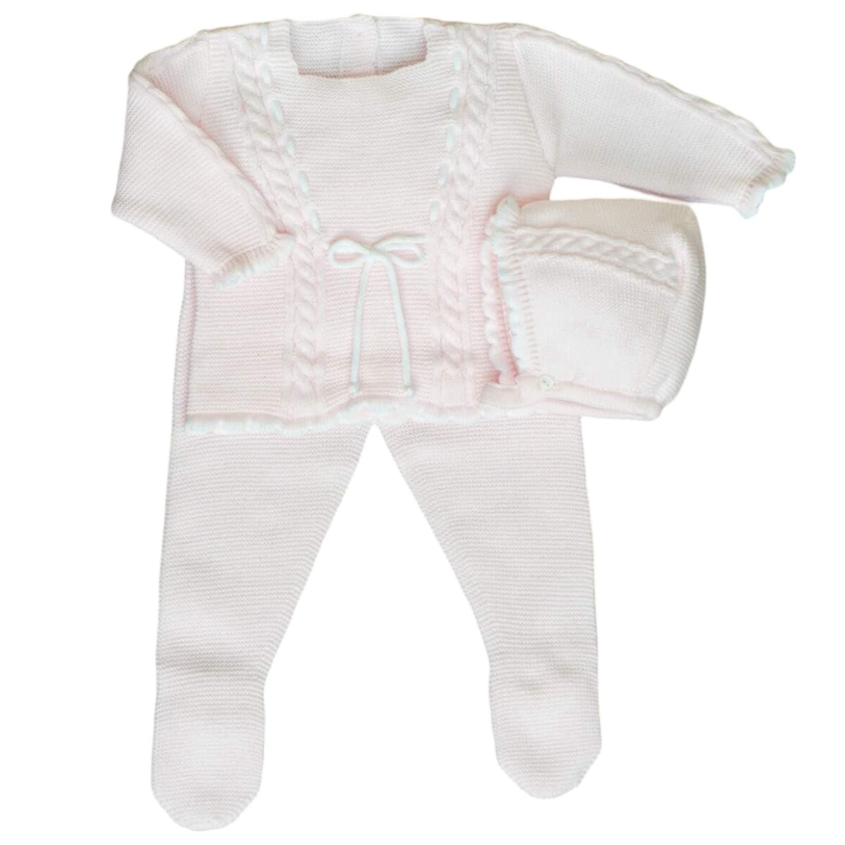 Dulce de Fresa 3-piece Baby Girl Knitted Sweater, Pants, and Hat Set - Made in Spain (Pink, 1M)