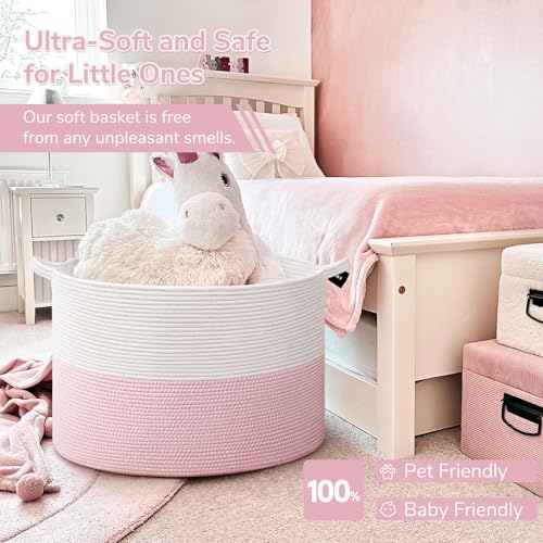Image of INDRESSME 115L Extra Large Pink Laundry Basket for Nursery Stuffed Animal Storage, Blanket Rope Baby Baskets Kids Toy Organizer Dorm Room Essentials for Girls, Pink