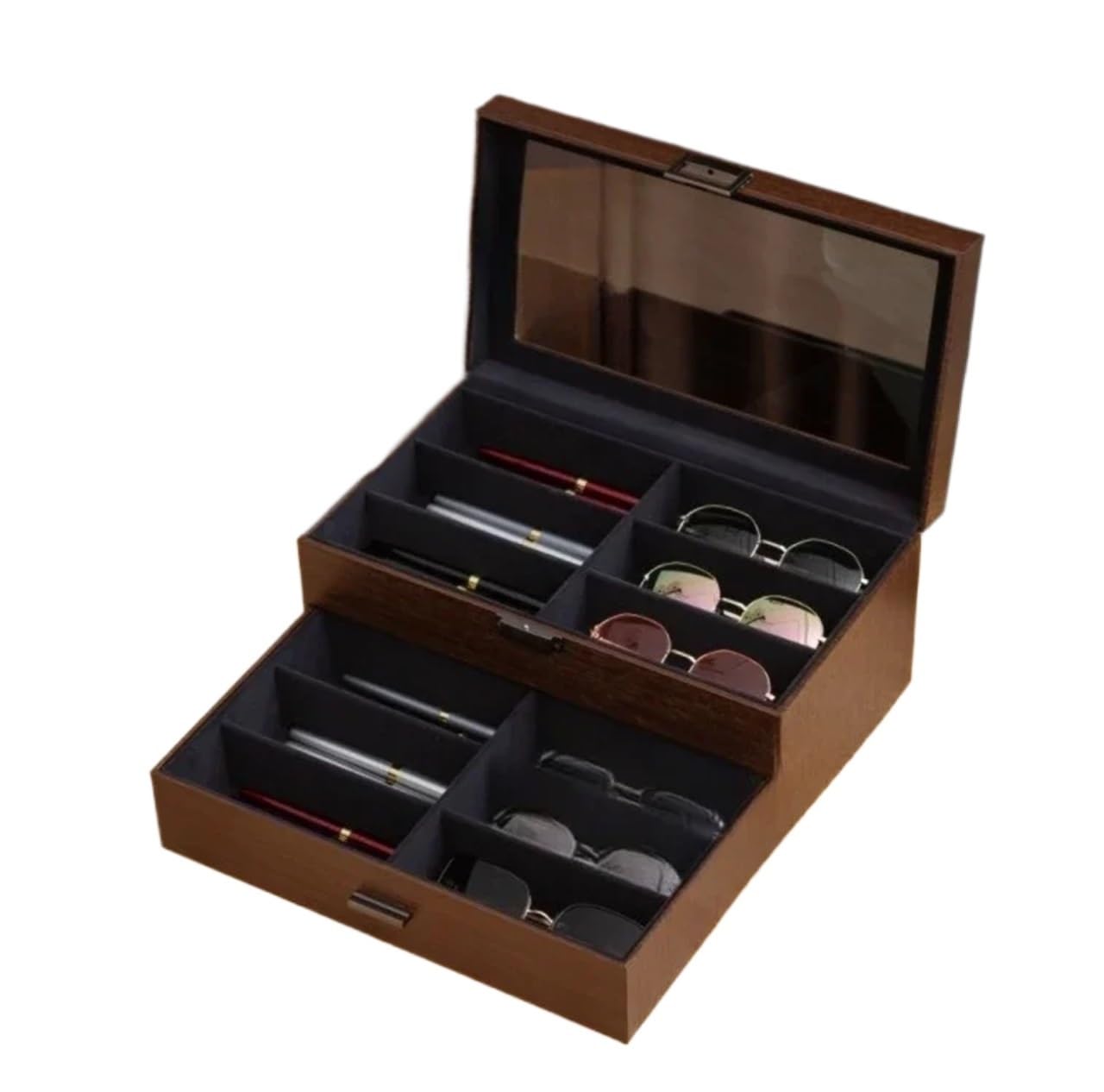 SHENJMAI Watch Box Walnut Wood Grain Multifunctional Storage Box Organizer Case for Watches Jewelry Sunglasses Accessories