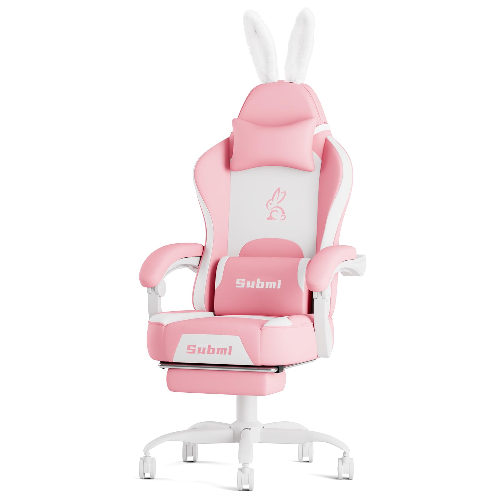 Submi Pink Gamer Chair Gaming Chair for Adults, PU Leather Kawaii Computer Office Chair with Footrest & Lumbar Support, High Back Reclining Chair, Headrest, Wide Seat, Gift, 150KG, Pink-White