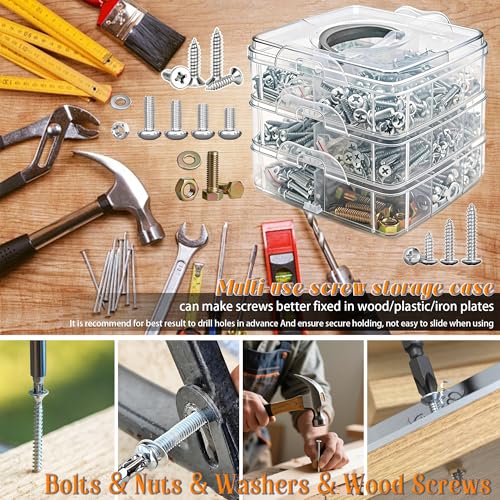 Image of Dianrui 2013 PCS Metric & SAE Nuts & Bolts & Wood Screws Assortment Kit, Phillips Pan Head & Flat Head Screw, Grade 8.8 Metric Hex Bolt Set and Assorted Screws Nuts Bolts Washers (3 Trays)