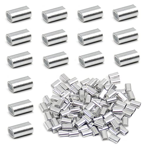 MroMax Aluminum Crimping Loop Sleeve Oval for 3/64" - 1/16" Wire Rope Silver Tone 100pcs