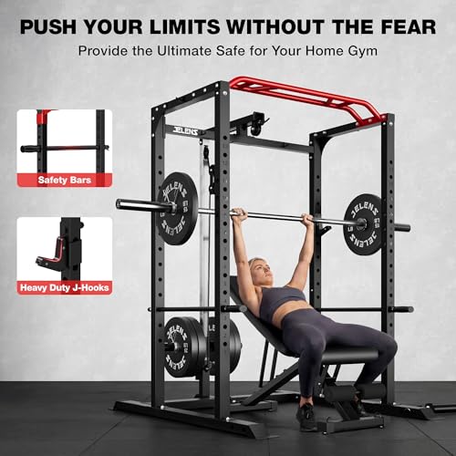 Image of JELENS S11 Power Cage, 2000LB Multi-Function Power Rack with LAT Pulldown, Squat Rack with Adjustable Pulley System and Training Attachments, Weight Rack for Home Gym