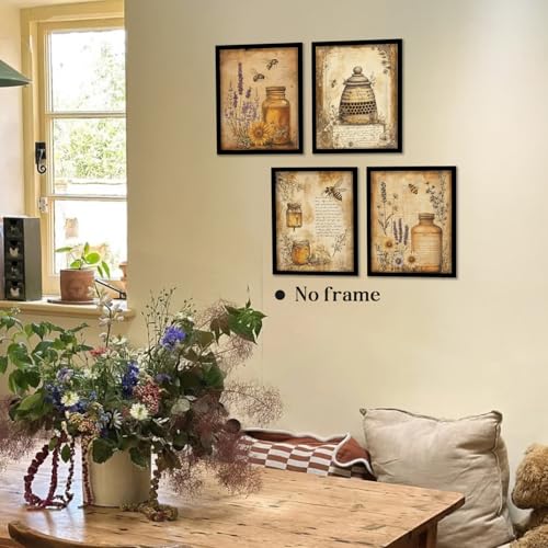 Image of WEFKODO Vintage Honey Bee Floral Wall Art, Retro Bee Decor for Home Bathroom Bedroom Kitchen Farmhouse, Summer Flower Vintage Pictures Wall Decor Posters Prints Set of 4, 8x10 Unframed