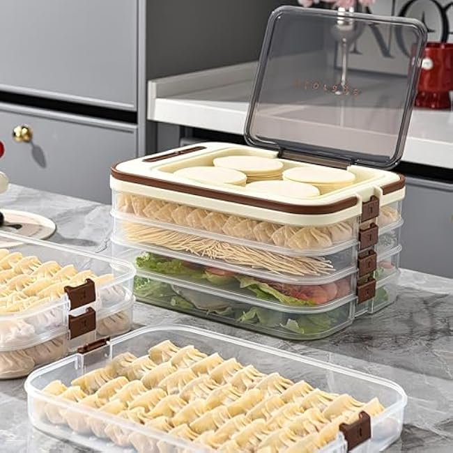 4 Layers Dumplings Storage with Dumpling Maker & Spoon & Dumpling Wrapper Space, Box Organizer Stackable for Various Small Desserts & Cookies with Buckle, Lid & Handle for Fridge, White-Green