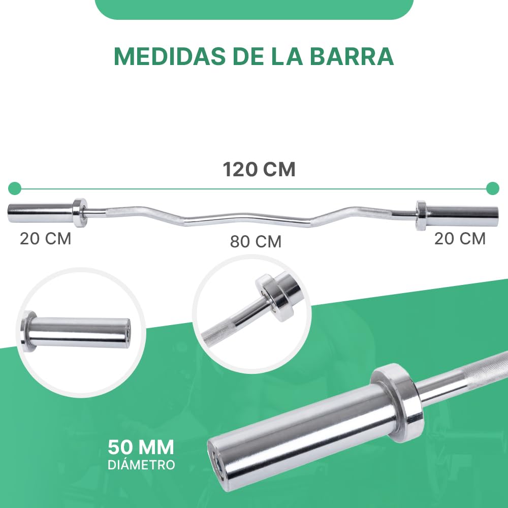 ManiBoom Barra Pesas Z Curly 120 cm de 8,5kg para Discos y Pesas de Ø50mm - Barra de MUSCULACION para Biceps y Triceps Halterofilia Crossfit - Barra Gimnasio con Cierres de Resorte (120 cm - Culry Z)