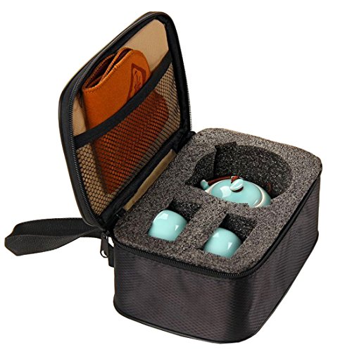 Tea Talent Chinese & Japanese Portable Travel Kungfu Tea Set - Porcelain Teapot & Teacups & Bamboo Tea Tray & Tea Towel With Handbag, Blue #TOP5