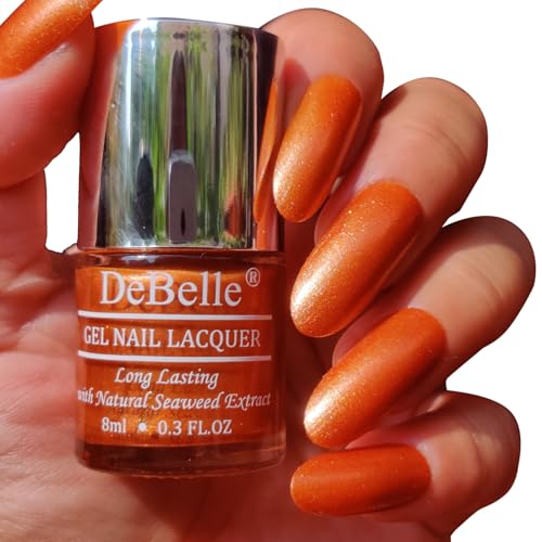 DeBelle Gel Nail Polish Aurora (Amber with Copper Glitter Nail Paint)|Non UV – Gel Finish |Chip Resistant | Seaweed Enriched Formula| Long Lasting|Cruelty and Toxic Free| 8ml