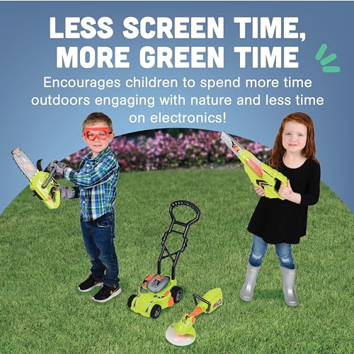 CP Toys 6-Piece Power Gardening Toy Set for Kids Ages 3+, Child Size Indoor/Outdoor Play Kids Tool Set with Leaf Blower, Chainsaw, Lawn Mower, and More, Green