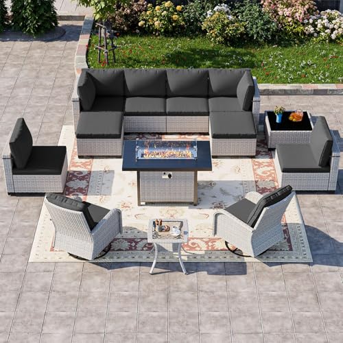 Image of 13-Piece Patio Furniture Set, Outdoor Patio Furniture with Swivel Chairs Set, Ottomans, 55,000 BTU Fire Pit Table, Modular Patio Sofa, Dual-Strand Wicker Rattan, Rust-Resistant Frame, Black