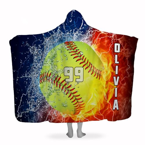 Personalized Fire & Water Softball Hooded Blanket, Softball Blanket Hooded, Softball Graduation Gifts Wearable Blanket Ultra-soft Warm Fleece Blanket With Hood, Sport Hooded Blanket for Kids Adults