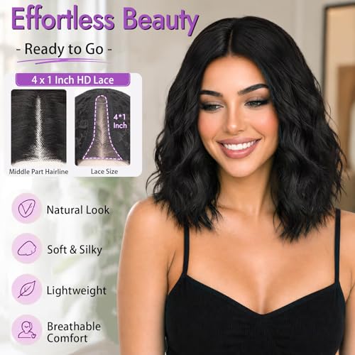 Image of Eawwii Black Short Wavy Wig for Women Lace Hairline Bob Style Synthetic Heat Resistant - Natural Appearance for Everyday Hairstyle 14 Inch | Glueless 4x1 Lace Hairline, Heat-Resistant Fiber,Bob Wave Style,Natural Appearance for Everyday Cosplay 14 Inch