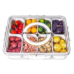 Divided Serving Tray with Lid and Handle – Snackle Box Charcuterie Container for Portable Snack Platters – Clear Organizer for Candy, Fruits, Nuts, Snacks – Perfect for Party, Entertaining