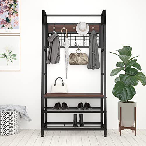 Allewie Coat Rack With 3-Tier Shelf, Hall Tree With Bench And Shoe Storage, Heavy Duty Metal Frame With Wood Board And Removable Hooks, Modern Rustic Style Entryway Organization For Living Room #TOP17
