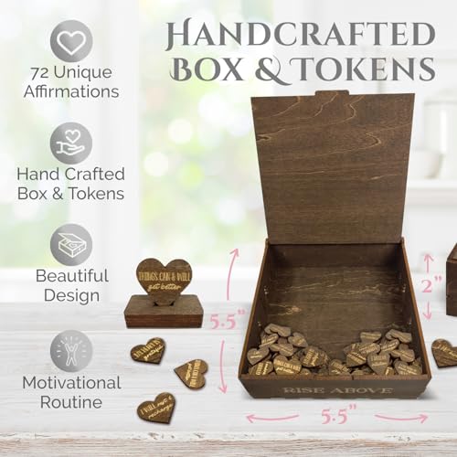 Image of Positive Affirmations Box | Mountain Themed Engraved Wood Box with 72 Positive Affirmation Heart Cutouts | Daily Motivational Gift for Women
