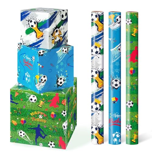 WERNNSAI Papier Cadeau Football - 3 Rouleaux de Papier Cadeau Sport pour Enfants Décoration de Fête D'anniversaire Football Vert et Bleu Fournitures...