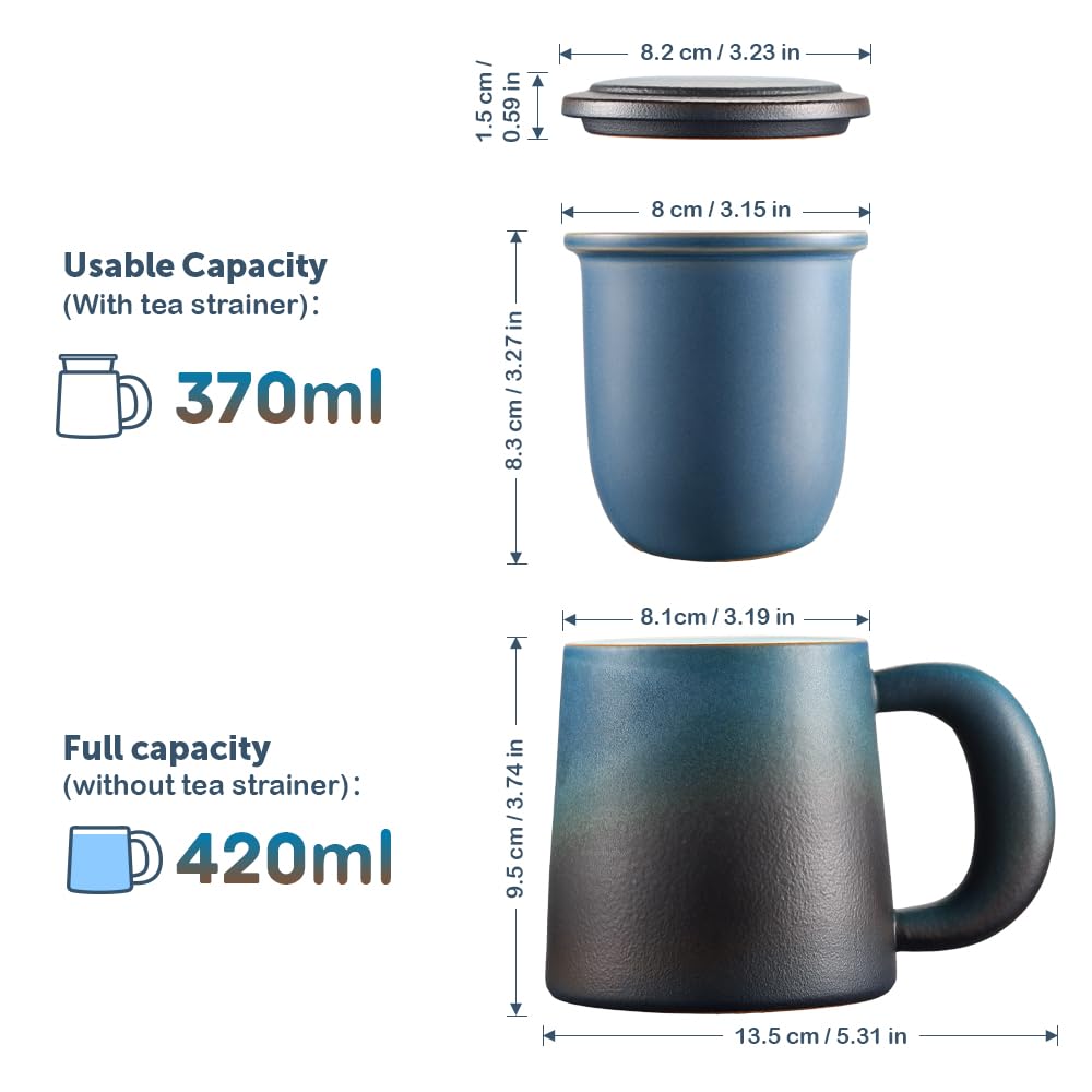 ecooe Taza de té con Filtro y Tapa, 420ml Azul Negro Taza de Te Cerámica Grande Taza de con colador de Té de Acero inoxidable con Asa(Capacidad completa)