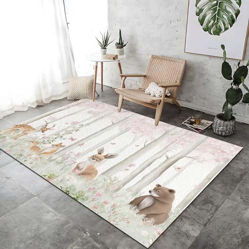 Tapis Chambre Enfant Forêt Enchantée 60x120 cm - Tapis Bébé Doux et Antidérapant - Motif Animaux (Cerf, Ours, Lapin) - Lavable en Machine, Style...