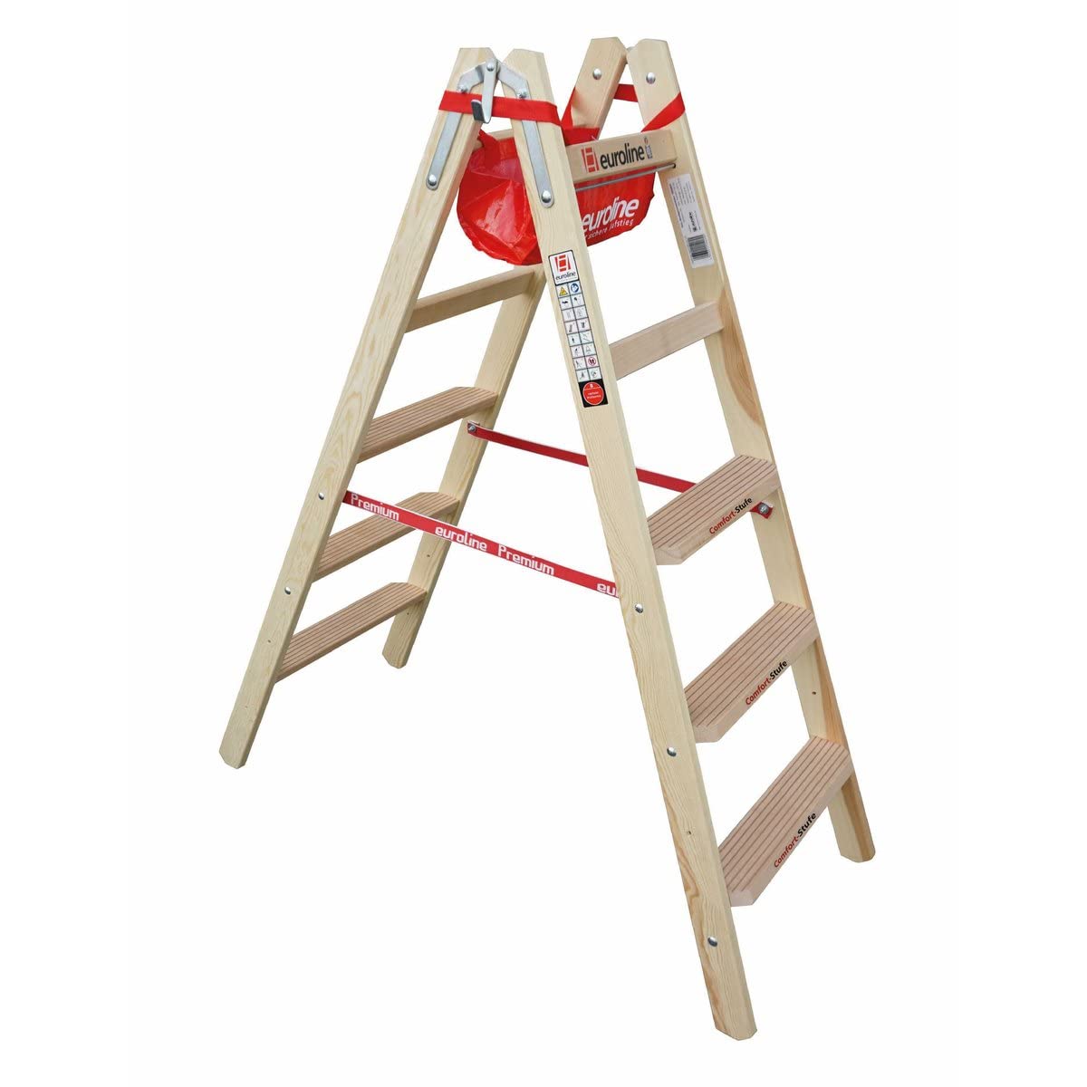 Euroline Holz Comfort-Stufenstehleiter mit Eimerhaken und Werkzeugablagetasche Nr. 10577-2x5