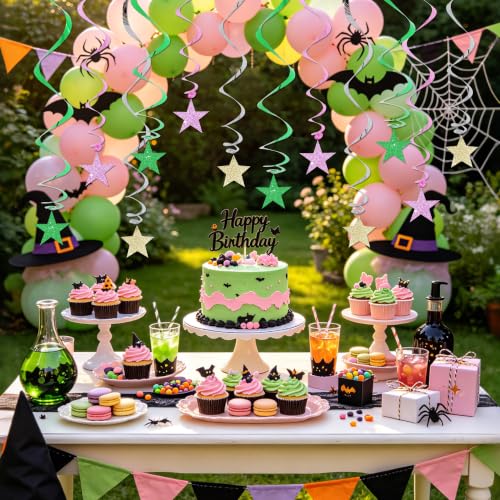 Image of BEISHIDA Green Pink Glitter Stars Hanging Swirls Pre-Strung Hanging Ornament Decorations for Baby Shower Wedding Witch Theme Birthday Party Decorations,Pack of 15
