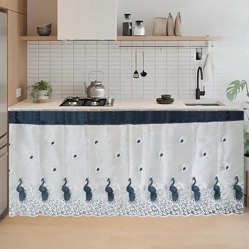 Image of Embroidered Kitchen Sink Curtain with Rod Pocket | Decorative Under Sink Cabinet Curtain | Floral & Peacock Design | Washable Fabric | Size: 150 x 71 CM (Gray, Pack of 1)