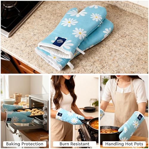 Image of Encasa XO Extra Long 18x35 cm Microwave Oven Gloves Mitts (2 pcs) for Kitchen Cooking - Daisy Blue - Heat Resistant, Thick & Safe, Protection of Hands from Hot Utensils, Gas Flame, Grill, Barbecue