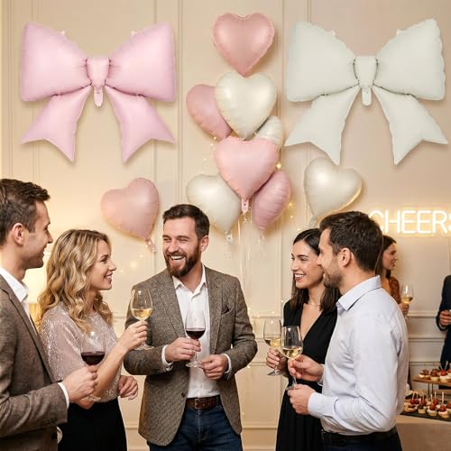 Image of 12 Pcs 18 Inch Heart Balloons and 38 Inch Bow Balloons, Large Foil Bow Heart Balloon Bow Party Decorations for Birthday Baby Shower Valentines Wedding Party