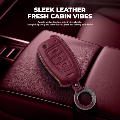 Image of Keyzone Premium Leather Key Cover & AC Vent Car Perfume Combo (4 Fragrances) | Compatible for Hyundai Venue, i20, Kona, Verna 2018 Onwards 3 Button flip Key. (Red)