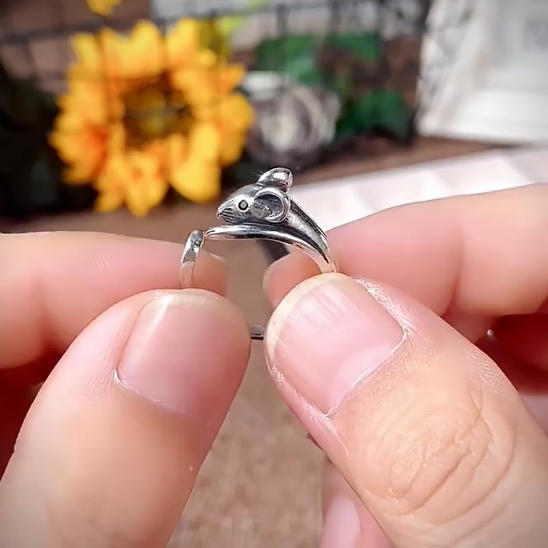 925 Sterling Silver Plated Rat Open Ring for Women,Cute Mouse Animal Cubic Zirconia Rings Adjustable Handmade Burnished Party Birthday Gift Jewelry Comfort Everyday Ring - Image 3