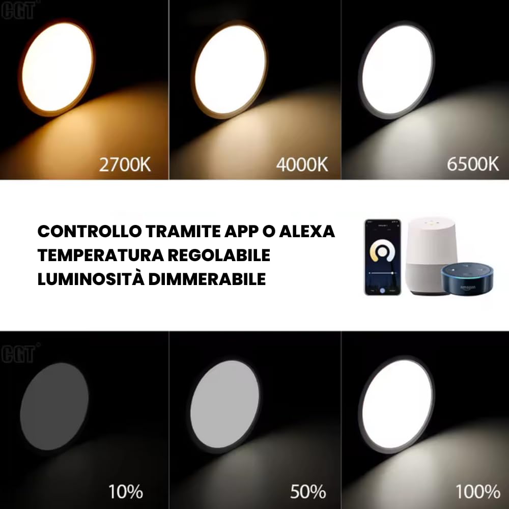 Plafoniera LED Intelligente Smart Home 300mm 24W con Telecomando, App Tuya o Smart Life, Compatibile con Alexa Google Assistant
