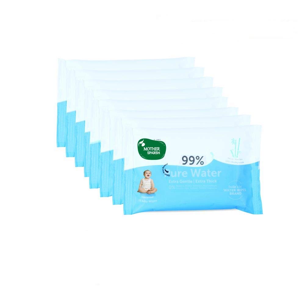 Mother Sparsh Thick Fabric Baby 99% Water Based (Unscented) Wipe (Blue, 10 Wipes) - Pack of 8