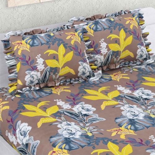 Image of Dream Weaverz- Polycotton Printed Double Bed Size Fitted Elastic Bedsheet,2 Pillow Cover,260 Thread (72 inch x 78 inchx7 inch) Home, Bedroom (Brown-Yellow, King)