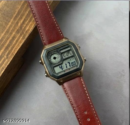 Image of Vintage Watch for Man with Premium Gift Box, Square Dial Digital Watch with World Time Map & Leather Strap, Ideal for Gifting, Unisex Retro Alarm & Chrono Watch for Men and Women
