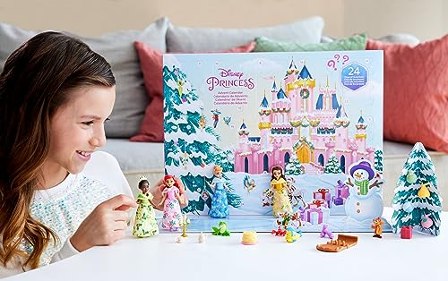 Mattel Disney Kalendarz adwentowy Małe lalki. Aż 24 niespodzianki, w tym 4 małe lalki księżniczki, 5 figurek przyjaciół i akcesoria, inspirowane filmami Disneya. HLX06